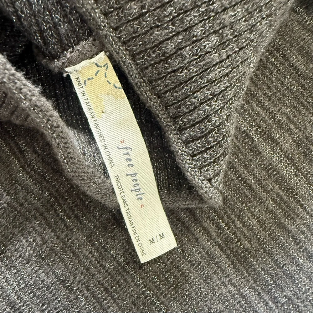 Free People Lace Insert Turtleneck Sweater Gray Metallic Stretch Pullover Size M
